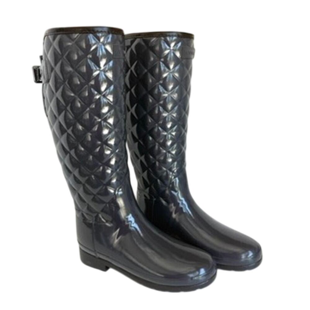 Hunter Gloss Quilted Tall Rain Boots Charcoal Rubber Waterproof 7 Women EUC